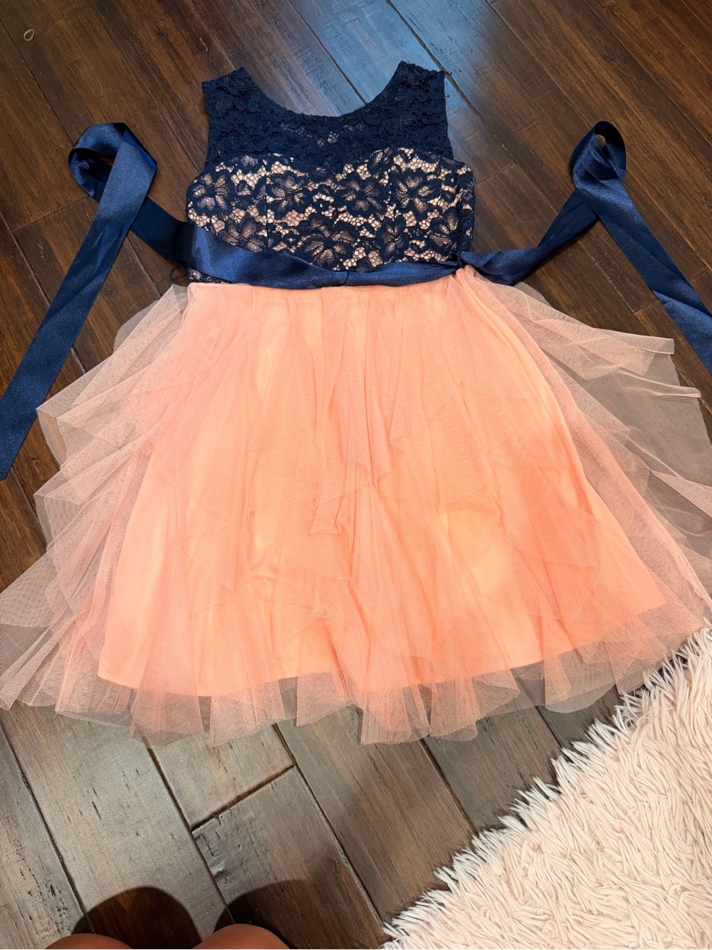 Rare Editions Navy Lace & Peach Tulle Dress
